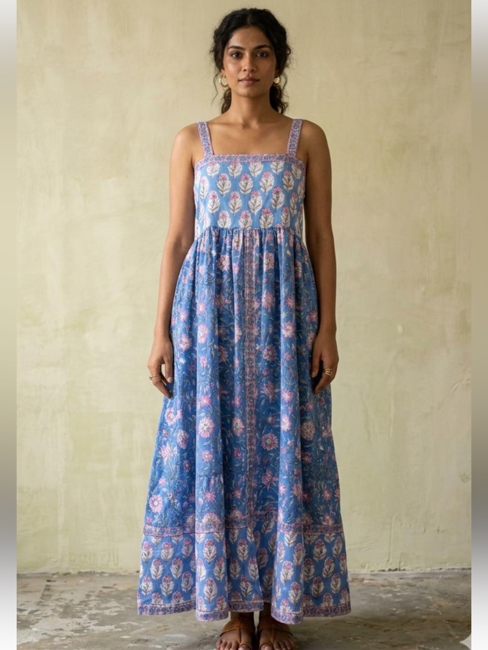 LAGAMOS Blue Floral Maxi Dress with Square Neck & pockets Size S